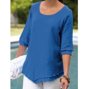 Soft Surroundings‎ Siesta Key Tunic Top XL Blue Crinkle Gauze Costal 3/4 Sleeve